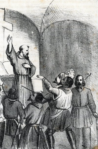 Vierter Venedig-Osmanischer Krieg: Die Kirche ruft zum Kampf gegen die Muslime am Vorabend der Seeschlacht von Lepanto am 7. Oktober 1571 im Golf von Patras, Griechenland von Franco Mistrali