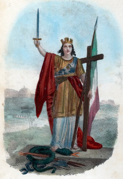 Risorgimento: Allegorische Darstellung des triumphierenden Italiens, das auf der Schlange der korrupten Kirche steht und ein Schwert mit einem Kreuz und einer Fahne erhebt, Symbole des politischen, religiösen und zivilen Risorgimento. Frontispiz aus „I mis von Franco Mistrali