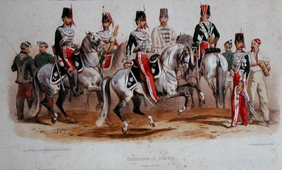 Französische Kavalleristen zur Zeit des Zweiten Kaiserreichs (Farblithografie) von Francois Hippolyte (after) Lalaisse