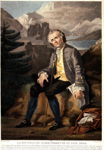 Jean Jacques Rousseau in der Schweiz, verfolgt und ohne Asyl. Aquatinta von Charon nach Boucher. 19. Jahrhundert. Paris, Musée Carnavalet. von Francois (after) Boucher
