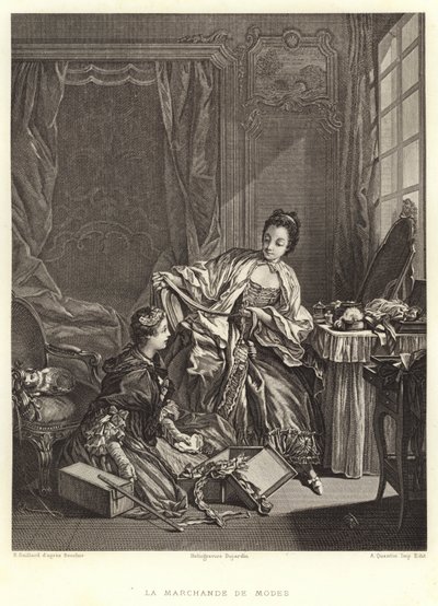 Die Modeschöpferin (Stich) von Francois (after) Boucher
