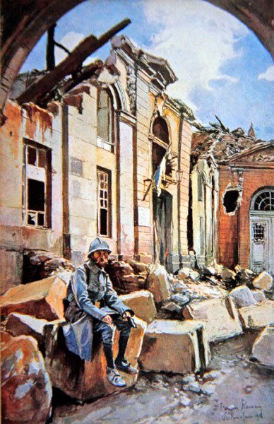 Schlacht von Verdun: Hof des zerstörten Bischofspalastes von Francois (after) Flameng