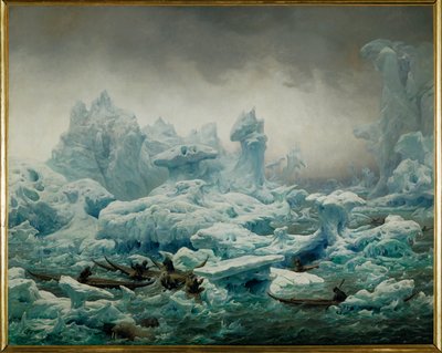 Ansicht des Polarmeeres, Grönländer bei der Walrossjagd von Francois Auguste Biard