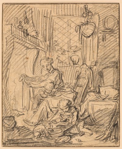 Heimatszene: Mutter mit zwei kleinen Kindern vor einem Kamin von François Boucher