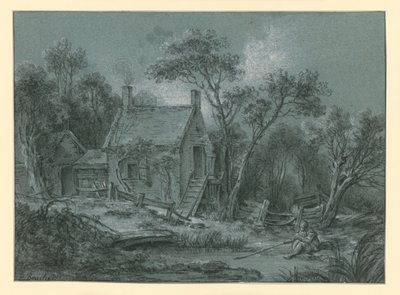 Haus mit Treppe zwischen Bäumen, davor ein Angler von François Boucher