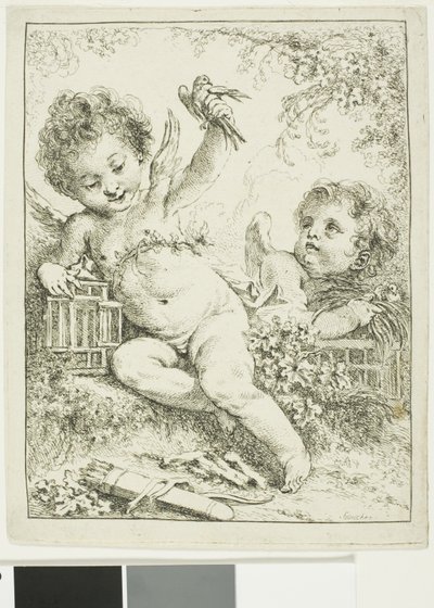 Zwei Putti mit einem Vogel von François Boucher