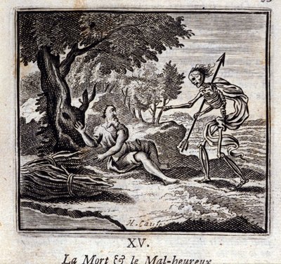 Der Tod und der Unglückliche. Fabeln von Jean de La Fontaine. Illustration von François Chauveau. Ausgabe von 1728. von Francois Chauveau