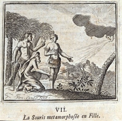 Die Maus, die in ein Mädchen verwandelt wurde. Fabeln von Jean de La Fontaine. Illustration von François Chauveau. Ausgabe von 1728. von Francois Chauveau