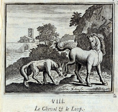 Das Pferd und der Wolf. Fabeln von Jean de La Fontaine. Illustration von François Chauveau. Ausgabe von 1728. von Francois Chauveau
