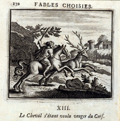 Das Pferd wollte Rache am Hirsch. Fabeln von Jean de La Fontaine. Illustration von François Chauveau. Ausgabe von 1728. von Francois Chauveau