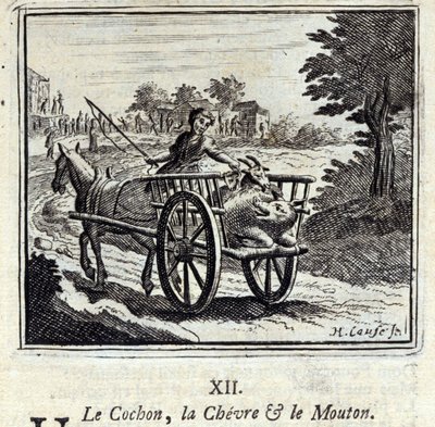 Das Schwein, die Ziege und das Schaf. Fabeln von Jean de La Fontaine. Illustration von François Chauveau. Ausgabe von 1728. von Francois Chauveau