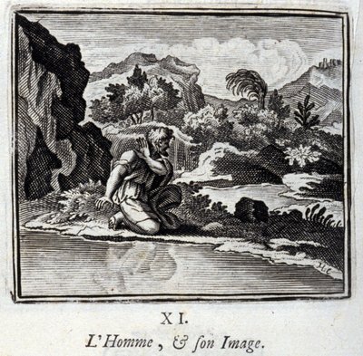 Der Mensch und sein Bild. Fabeln von Jean de La Fontaine. Illustration von François Chauveau. Ausgabe von 1728. von Francois Chauveau