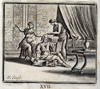 Der Mann zwischen zwei Altern und seine zwei Geliebten. Fabeln von Jean de La Fontaine. Illustration von François Chauveau. Ausgabe von 1728. von Francois Chauveau