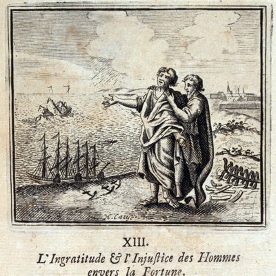 Undankbarkeit und Ungerechtigkeit der Menschen gegenüber dem Glück. Fabeln von Jean de La Fontaine. Illustration von François Chauveau. Ausgabe von 1728. von Francois Chauveau