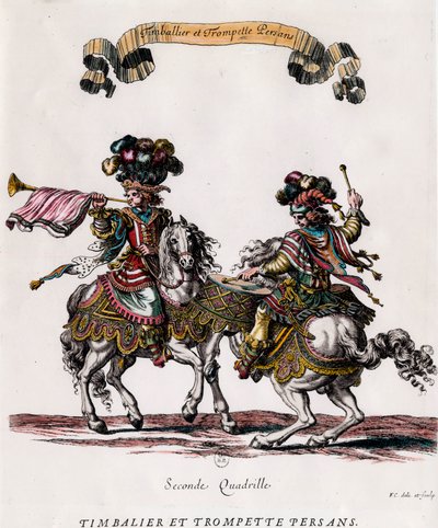 Persischer Trommler und Trompeter während des Karussells von König Ludwig XIV. (1639-1715). Stich von Francois Chauveau (1613-1676) um 1662. Private Sammlung von Francois Chauveau