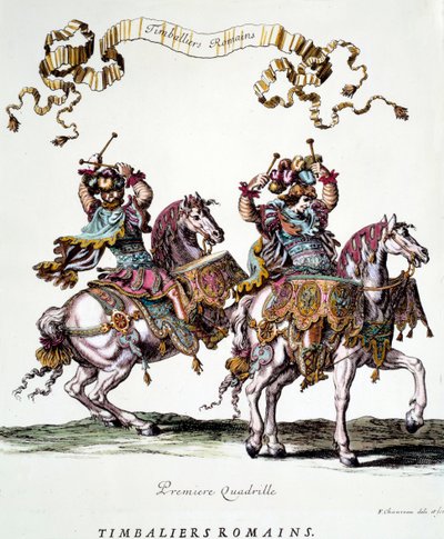 Römische Trommler während des Karussells von König Ludwig XIV, 1662. Gravur von Francois Chauveau von Francois Chauveau