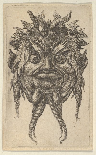 Satyrmaske mit Hörnern und einem verdrehten Bart, der einen Efeukranz trägt, aus Divers Masque..., ca. 1635-45 von Francois Chauveau
