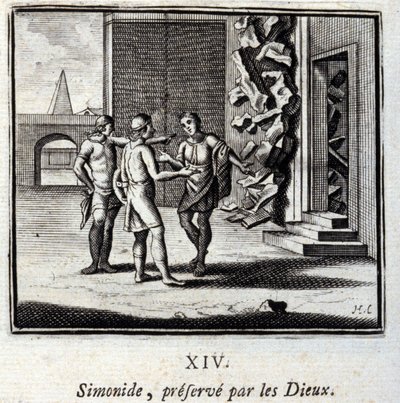 Simonides, von den Göttern bewahrt. Fabeln von Jean de La Fontaine. Illustration von François Chauveau. Ausgabe von 1728. von Francois Chauveau