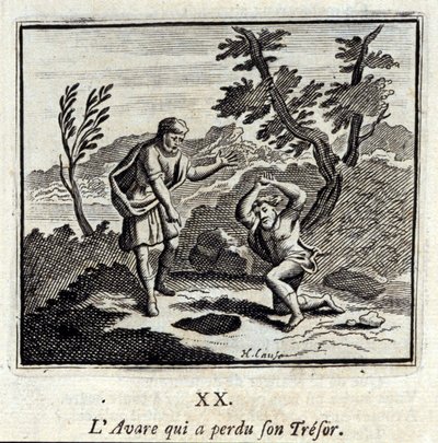 Der Geizige, der seinen Schatz verlor. Fabeln von Jean de La Fontaine. Illustration von François Chauveau. Ausgabe von 1728. von Francois Chauveau