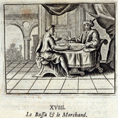 Der Bassa und der Kaufmann. Fabeln von Jean de La Fontaine (1621-95). Illustration von François Chauveau (1613-1676). Ausgabe von 1728 von Francois Chauveau