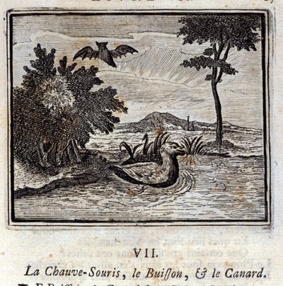 Die Fledermaus, der Busch und die Ente. Fabeln von Jean de La Fontaine. Illustration von François Chauveau. Ausgabe von 1728. von Francois Chauveau