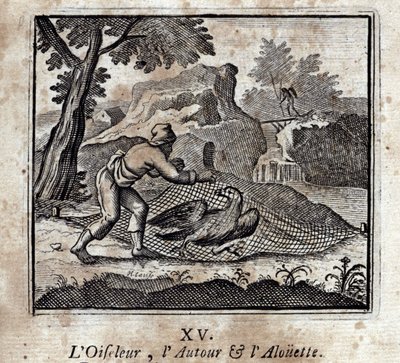 Der Vogel und die Lerche. Fabeln von Jean de La Fontaine. Illustration von François Chauveau. Ausgabe von 1728. von Francois Chauveau