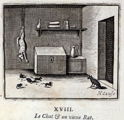 Die Katze und eine alte Ratte. Fabeln von Jean de La Fontaine. Illustration von François Chauveau. Ausgabe von 1728. von Francois Chauveau