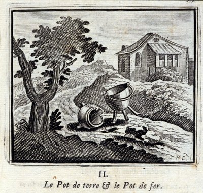 Der Tontopf und der Eisentopf. Fabeln von Jean de La Fontaine. Illustration von François Chauveau. Ausgabe von 1728. von Francois Chauveau