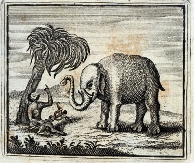 Der Elefant und der Affe des Jupiter. Fabeln von Jean de La Fontaine. Illustration von François Chauveau. Ausgabe von 1728 von Francois Chauveau