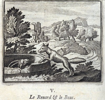 Der Fuchs und der Bock. Fabeln von Jean de La Fontaine (1621-95). Illustration von François Chauveau (1613-1676). Ausgabe von 1728 von Francois Chauveau