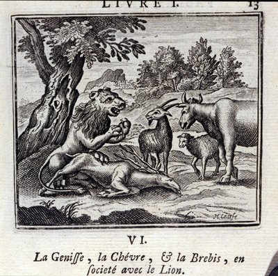 Die Kuh, das Kalb und das Schaf in Gesellschaft mit dem Löwen. Fabeln von Jean de La Fontaine. Illustration von François Chauveau. Ausgabe von 1728. von Francois Chauveau