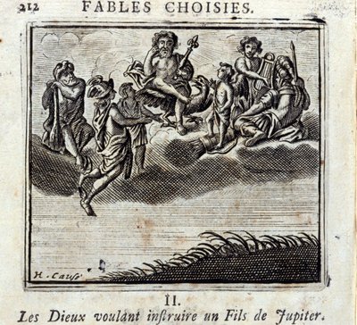 Die Götter wollen einen Sohn des Jupiter lehren. Fabeln von Jean de La Fontaine. Illustration von François Chauveau. Ausgabe von 1728. von Francois Chauveau