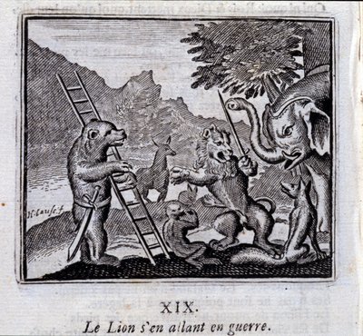 Der Löwe zieht in den Krieg. Fabeln von Jean de La Fontaine (1621-95). Illustration von François Chauveau (1613-1676). Ausgabe von 1728. von Francois Chauveau
