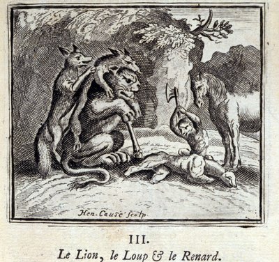 Der Löwe, der Wolf und der Fuchs. Fabeln von Jean de La Fontaine. Illustration von François Chauveau. Ausgabe von 1728. von Francois Chauveau