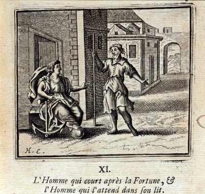 Der Mann, der dem Glück nachjagt, und der Mann, der im Bett auf ihn wartet. Fabeln von Jean de La Fontaine (1621-95). Illustration von François Chauveau (1613-1676). Ausgabe von 1728 von Francois Chauveau
