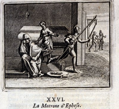 Die Matrone von Ephesus. Fabeln von Jean de La Fontaine (1621-95). Illustration von François Chauveau (1613-1676). Ausgabe von 1728 von Francois Chauveau
