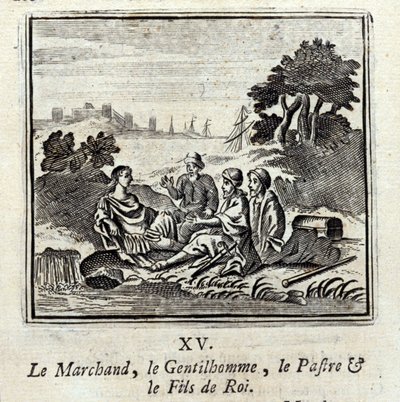 Der Kaufmann, der Edelmann, der Patra und der Sohn des Königs. Fabeln von Jean de La Fontaine. Illustration von François Chauveau. Ausgabe von 1728. von Francois Chauveau