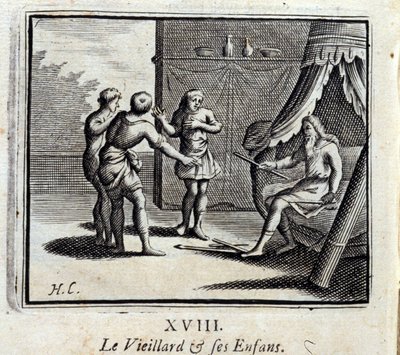 Der alte Mann und seine Kinder. Fabeln von Jean de La Fontaine. Illustration von François Chauveau. Ausgabe von 1728. von Francois Chauveau