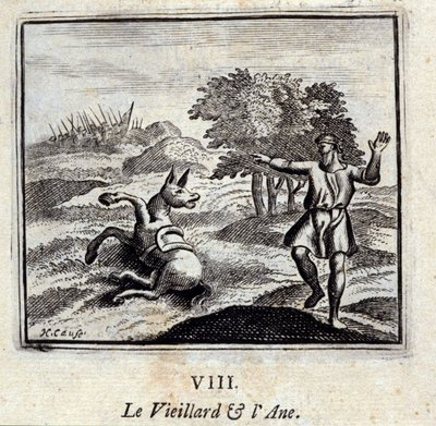 Der alte Mann und der Esel. Fabeln von Jean de La Fontaine (1621-95). Illustration von François Chauveau (1613-1676). Ausgabe von 1728 von Francois Chauveau