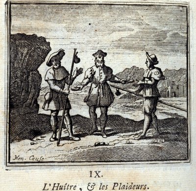 Die Auster und die Streitenden. Fabeln von Jean de La Fontaine. Illustration von François Chauveau. Ausgabe von 1728. von Francois Chauveau