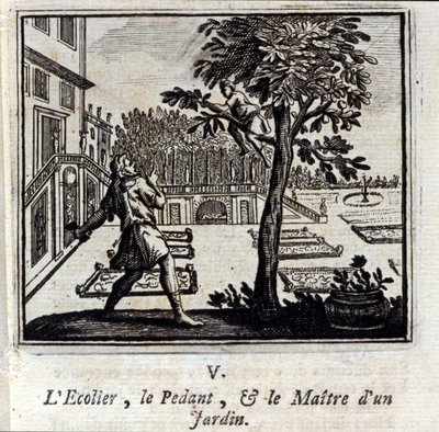 Die Pedantenschule und der Meister eines Gartens. Fabeln von Jean de La Fontaine. Illustration von François Chauveau. Ausgabe von 1728. von Francois Chauveau