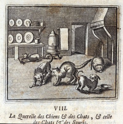 Der Streit der Hunde und Katzen und der Katzen und Mäuse. Fabeln von Jean de La Fontaine. Illustration von François Chauveau. Ausgabe von 1728. von Francois Chauveau