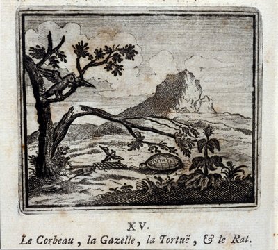 Der Rabe, die Gazelle, die Schildkröte und die Ratte. Fabeln von Jean de La Fontaine (1621-95). Illustration von François Chauveau (1613-1676). Ausgabe von 1728 von Francois Chauveau