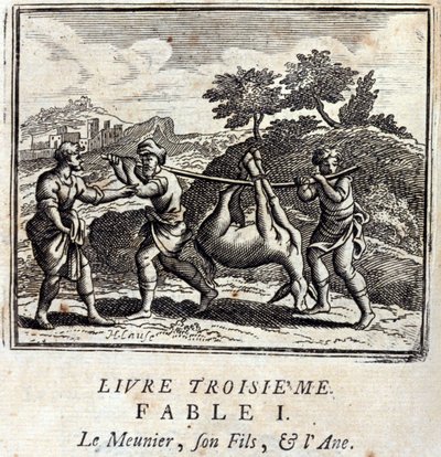 Der Sauger, sein Sohn und der Esel. Fabeln von Jean de La Fontaine. Illustration von François Chauveau. Ausgabe von 1728. von Francois Chauveau