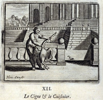 Der Schwan und der Koch. Fabeln von Jean de La Fontaine. Illustration von François Chauveau. Ausgabe von 1728. von Francois Chauveau