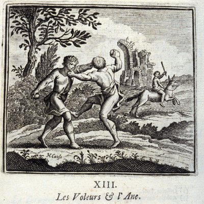 Die Diebe und der Esel. Fabeln von Jean de La Fontaine. Illustration von François Chauveau. Ausgabe von 1728. von Francois Chauveau