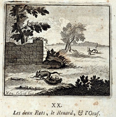 Die zwei Ratten, der Fuchs und das Ei. Fabeln von Jean de La Fontaine. Illustration von François Chauveau. Ausgabe von 1728. von Francois Chauveau