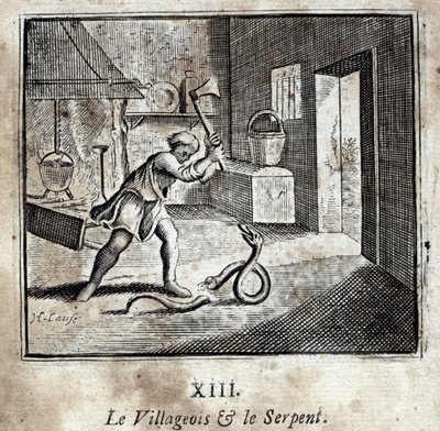 Der Dorfbewohner und die Schlange. Fabeln von Jean de La Fontaine (1621-95). Illustration von François Chauveau (1613-1676). Ausgabe von 1728. von Francois Chauveau