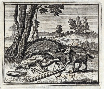 Der Wolf und der Jäger. Fabeln von Jean de La Fontaine. Illustration von François Chauveau. Ausgabe von 1728. von Francois Chauveau