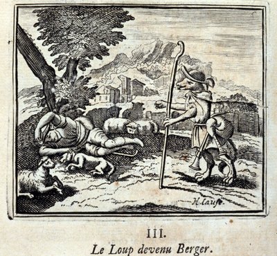 Der Wolf wurde Schäfer. Fabeln von Jean de La Fontaine (1621-95). Illustration von François Chauveau (1613-1676). Ausgabe von 1728 von Francois Chauveau